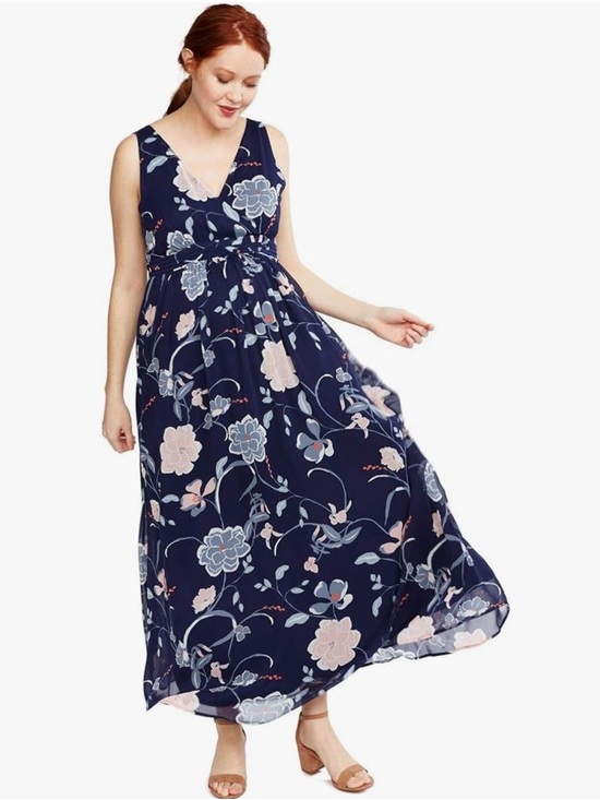 Motherhood Maternity Dresses & Skirts - Motherhood Maternity Navy Floral Maxi Dress Size L Flowy Chiffon Wedding Guest
